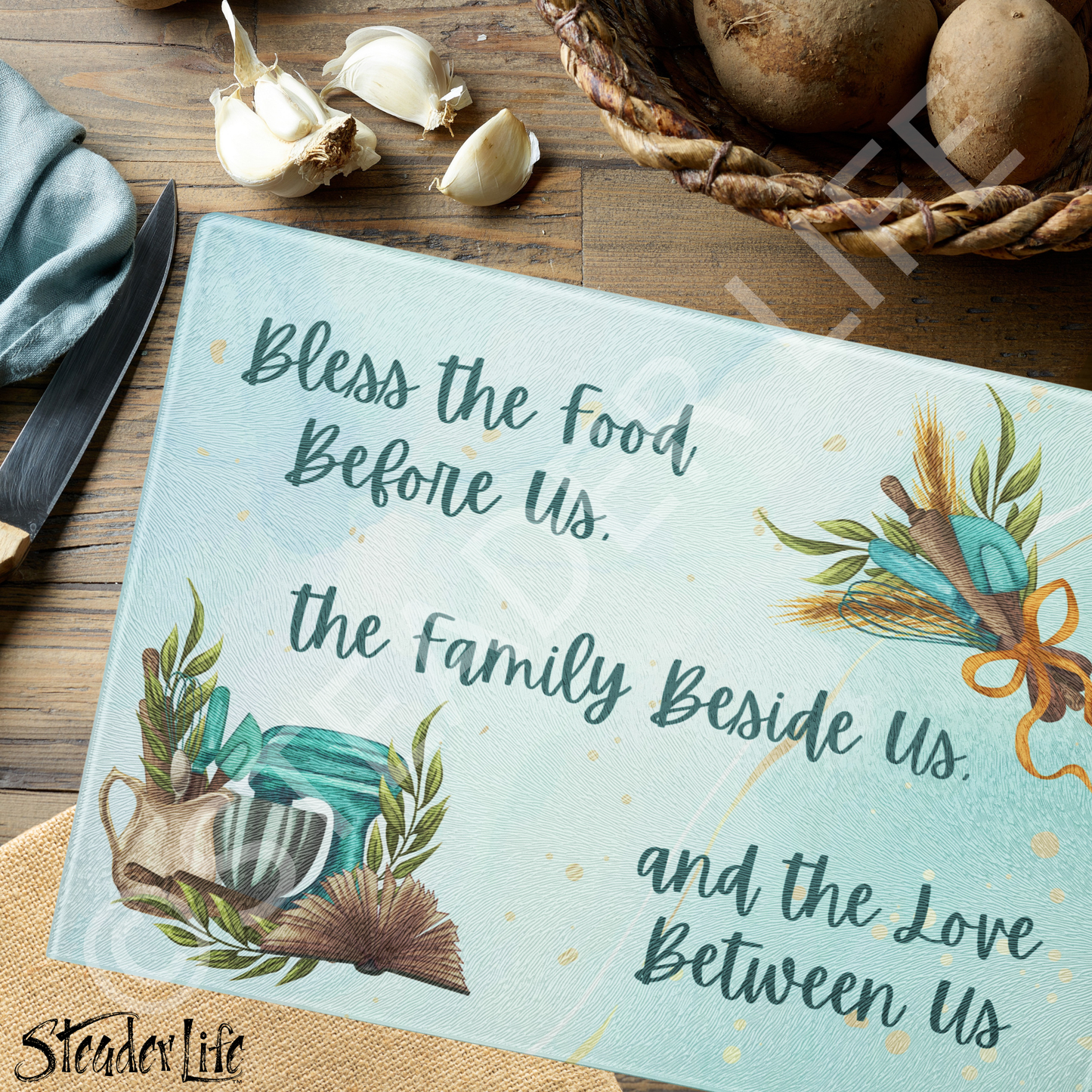 Steader Way™ Teal Kitchen Blessing - Large Glass Cutting Board