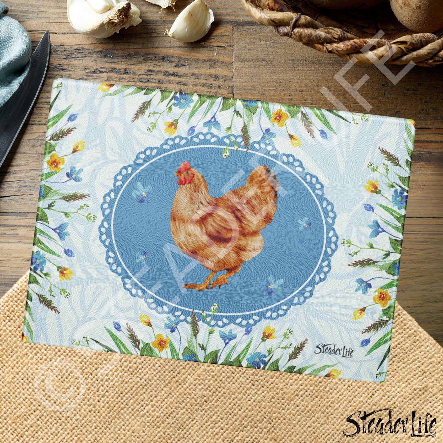 Blue Floral Chicken - Small Glass Cutting Board