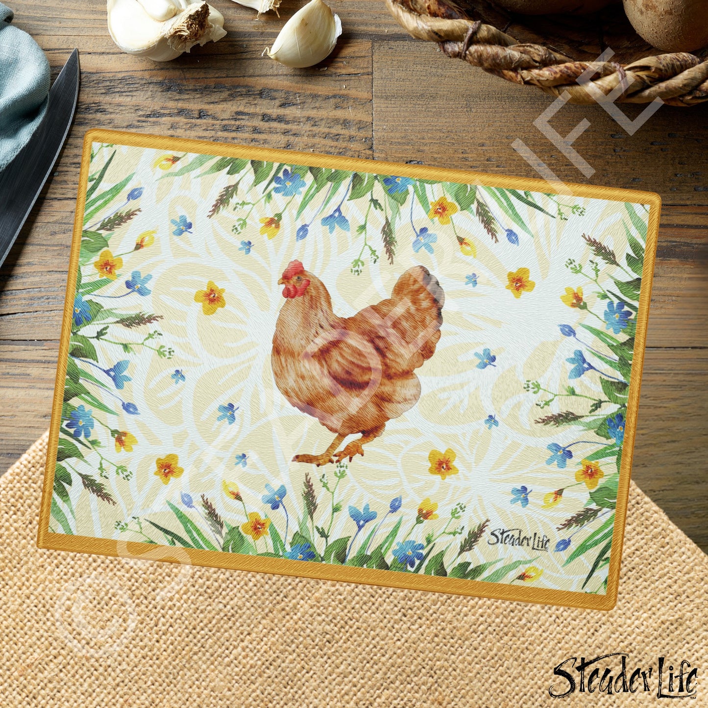 Gold Floral Chicken - Small Glass Cutting Board
