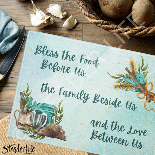 Steader Way™ Teal Kitchen Blessing - Large Glass Cutting Board