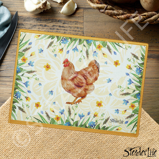 Gold Floral Chicken - Small Glass Cutting Board